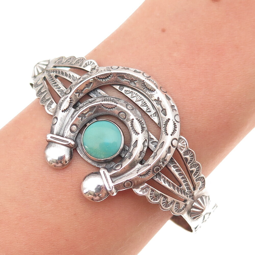 Old Pawn Sterling Silver Vintage Turquoise Naja Overlay Adjustable Bracelet 6"